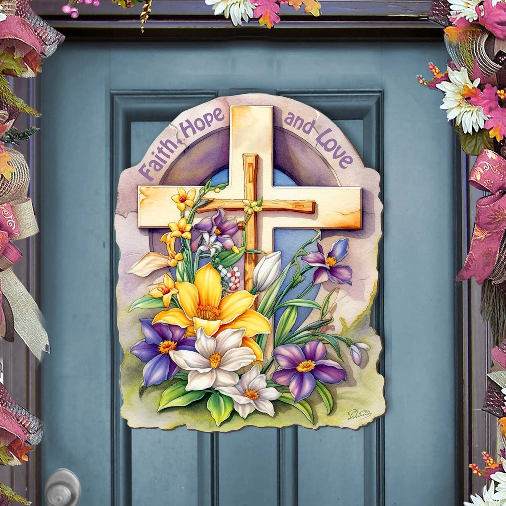 A colorful wreath with a cross and flowers adorns the door.