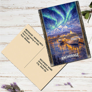 A postcard featuring a painting of a cruise ship sailing on a body of water, with a stunning view of the Aurora Borealis ( Aurora lights ) in the night sky.