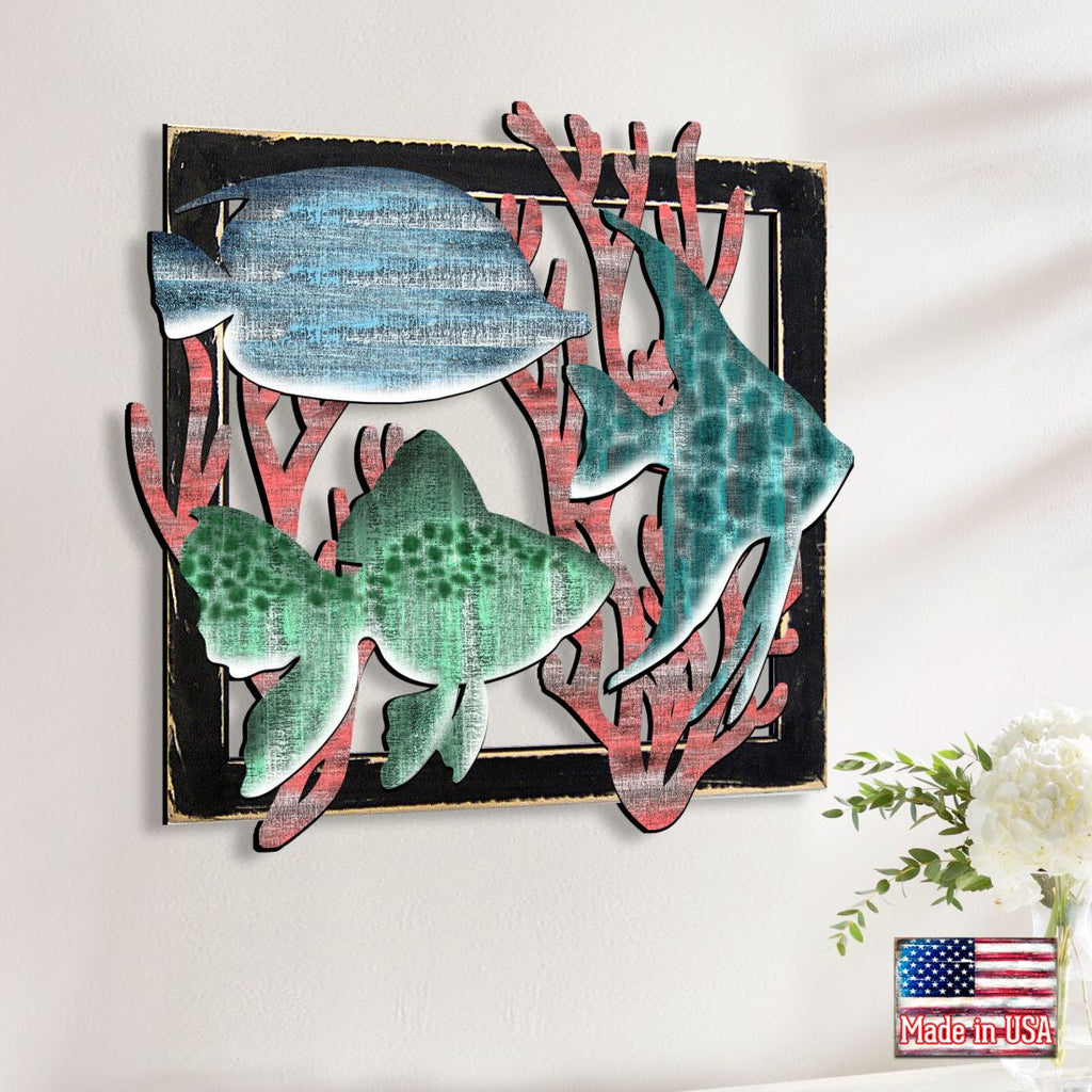 Colorful Fish Rustic Wooden Wall Decor by G. DeBrekht - Coastal Sea-Life Decor - G98537S3