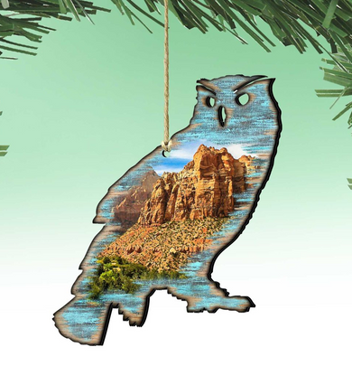 A wooden ornament in the shape of an owl, with a landscape scene inside its body, hanging against a green background.
