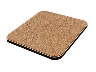 A square piece of cork or corkboard with a textured surface, placed against a black background.