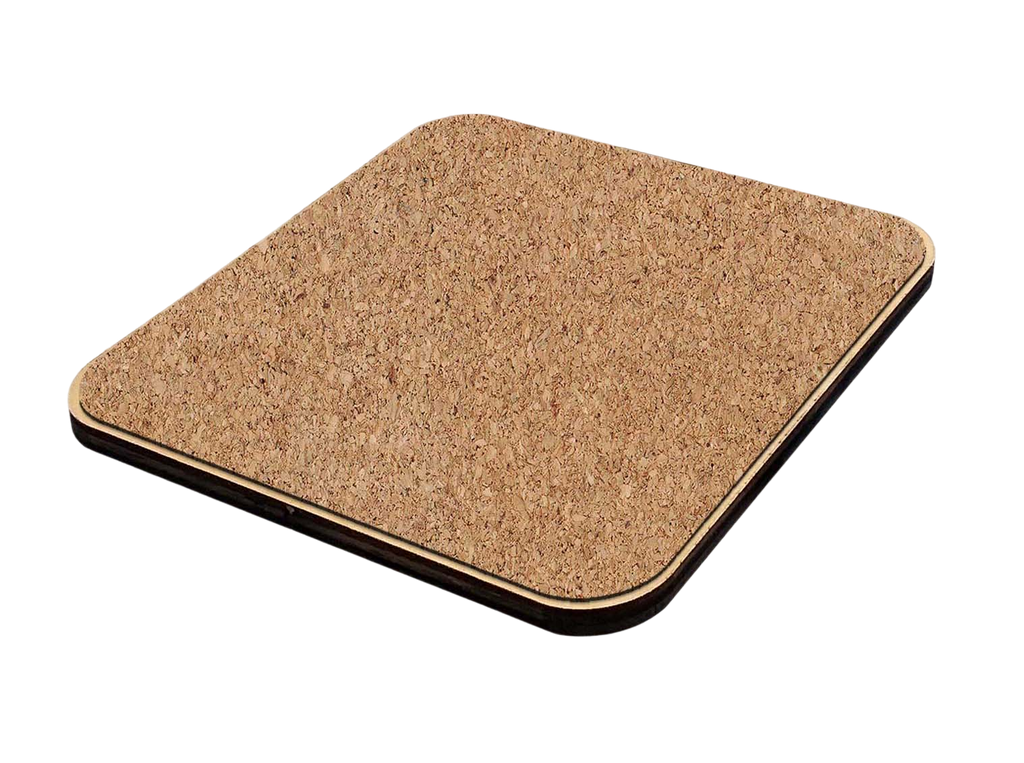 A square piece of cork or corkboard with a textured surface, placed against a black background.
