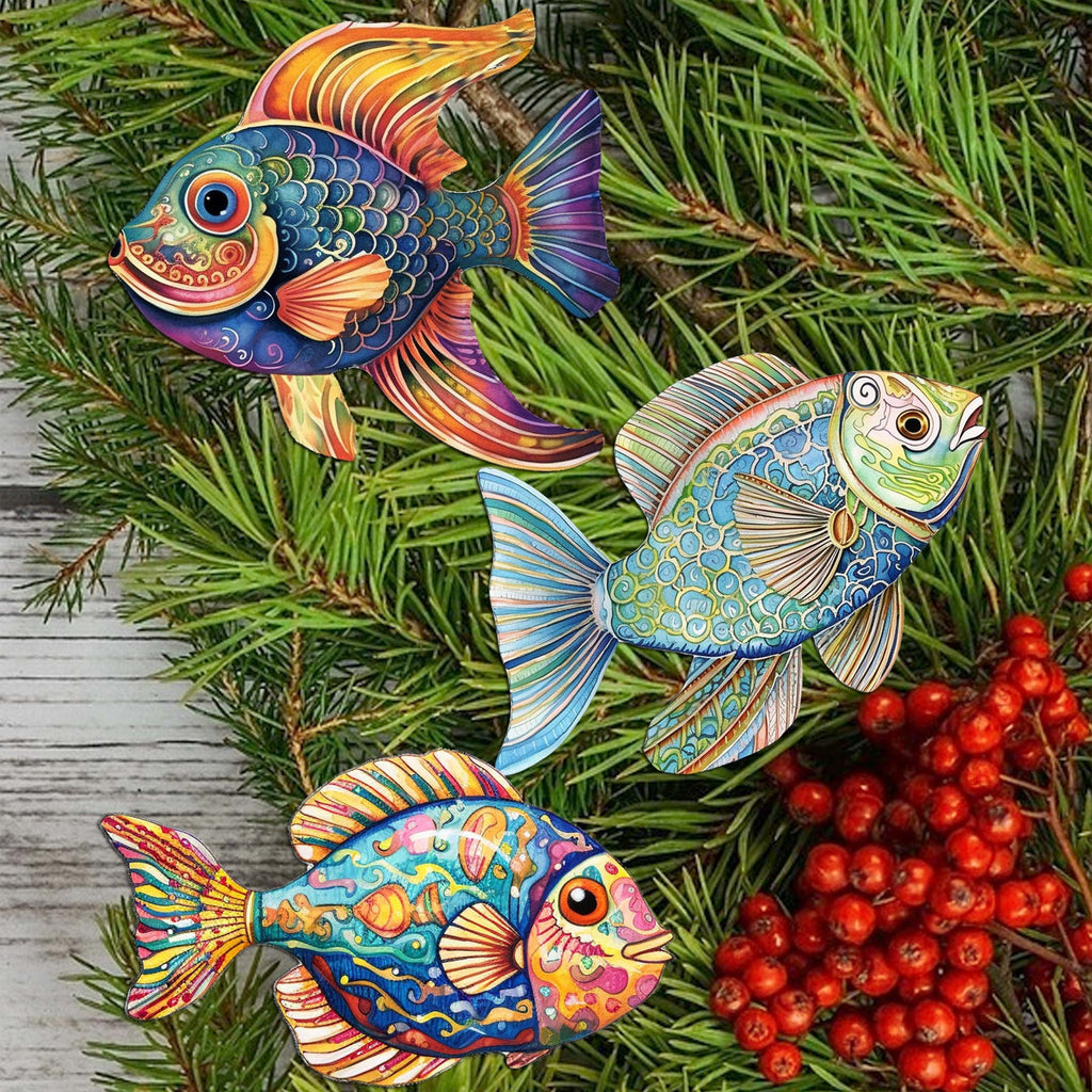 Coastal Fish Clip-On Eco Wood Decorative Ornaments Set of 3 by G. Debrekht - Coastal Decor - 8091034C-S3