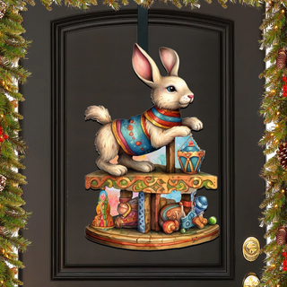 A colorful illustration of a rabbit sitting on a carousel, surrounded by various decorative elements such as a Christmas wreath.