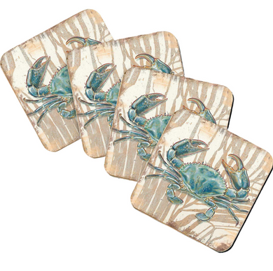 four square coasters with a blue crab design on them.