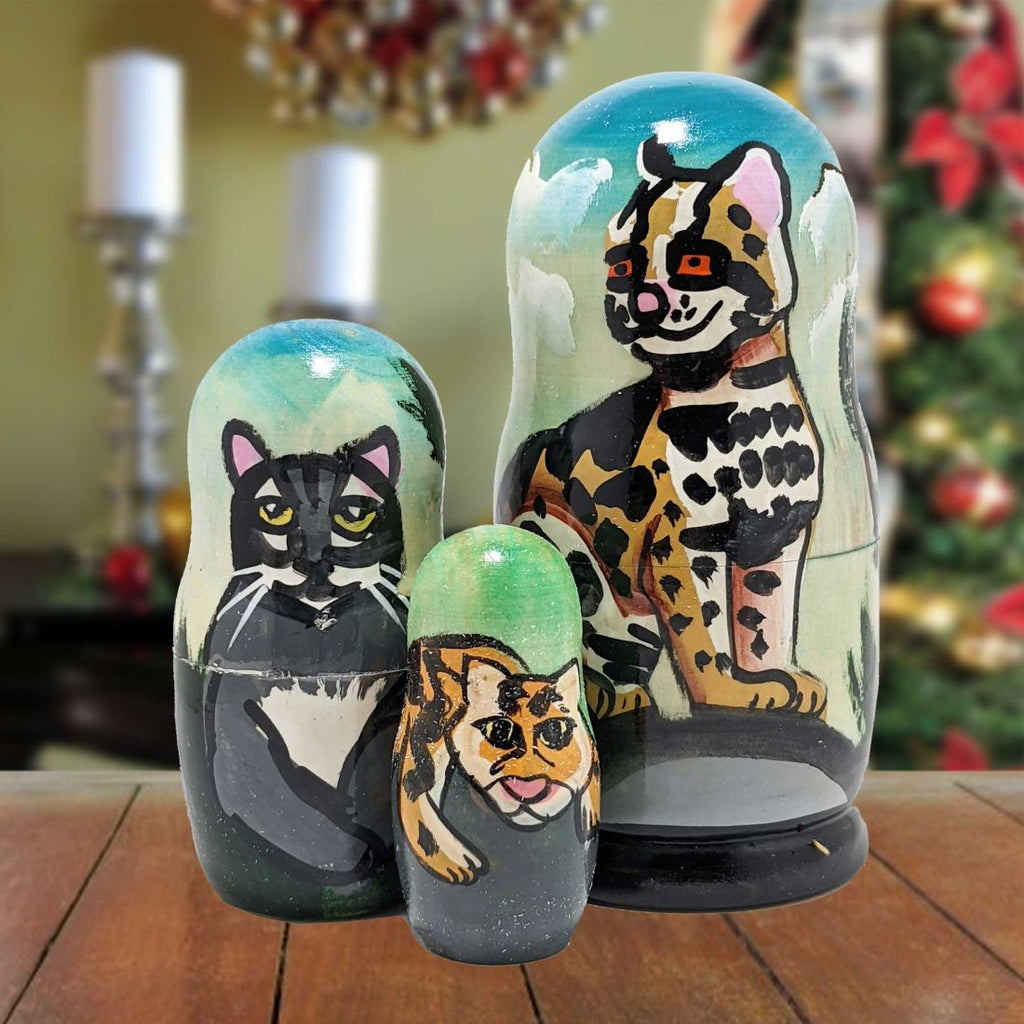 Cheetah Matreshka Nesting Hand-Painted Doll Set of 3 by G. DeBrekht - Wildlife Holiday Decor - 14763