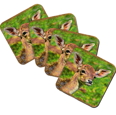 A set of four coasters featuring a close-up image of a deer's head against a green background.