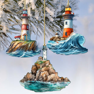 Lighthouse Decorative Eco Wood Ornaments Set of 3 by G. Debrekht - Coastal Decor - 8091022-S3