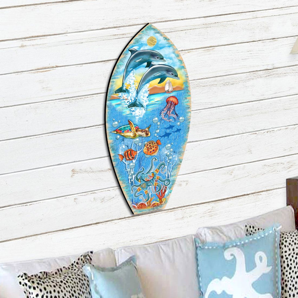 Sea Creatures Surfing Board Door Decor by G. DeBrekht - Coastal Holiday Decor - 8198522-3H