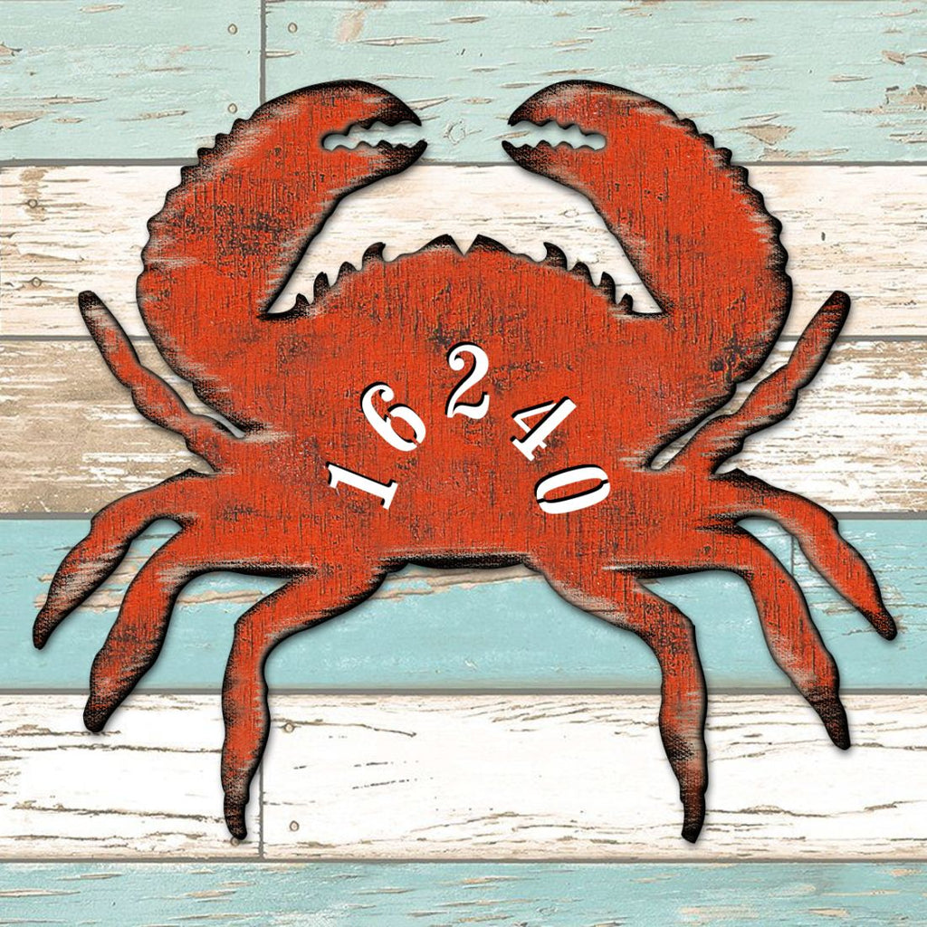 Crab Coastal Wooden Personalized House Number Sign by G. Odebrecht - Coastal Sea-Life Decor - Handcrafted Wooden Handcrafted Wooden Address Sign - MA98511