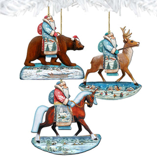 a collection of three ornaments, each depicting a different Santa Claus character riding a different animal. The first ornament shows Santa riding a bear, the second ornament shows Santa riding a reindeer, and the third ornament shows Santa riding a horse.