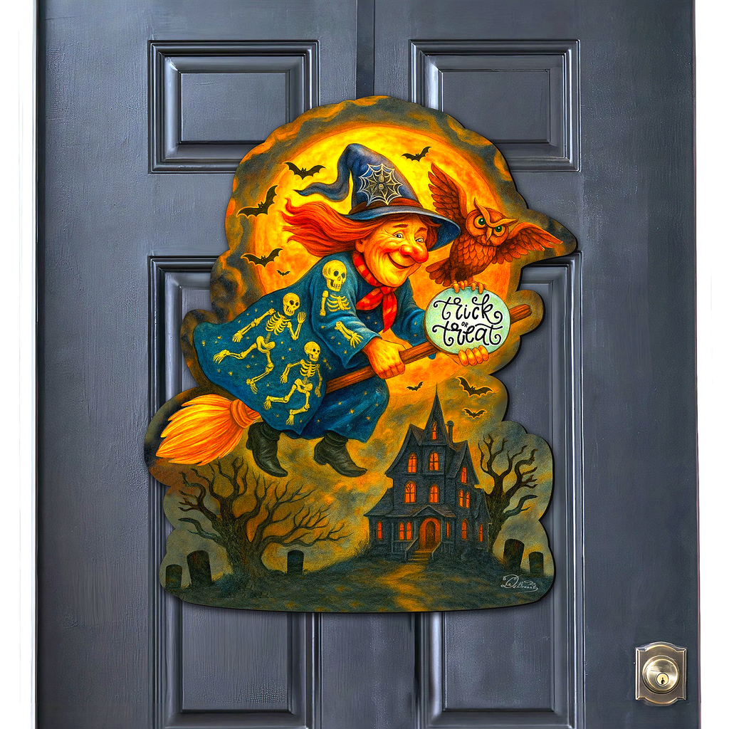 A Halloween-themed door decoration featuring a witch on a broomstick, an owl, a skeleton, and a house with bats flying around it.