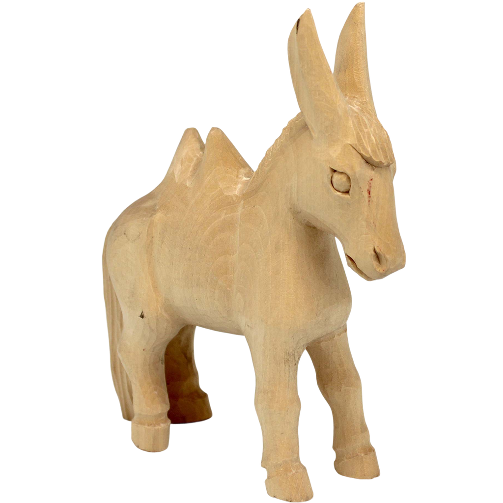 A wooden donkey figurine is shown in the image.