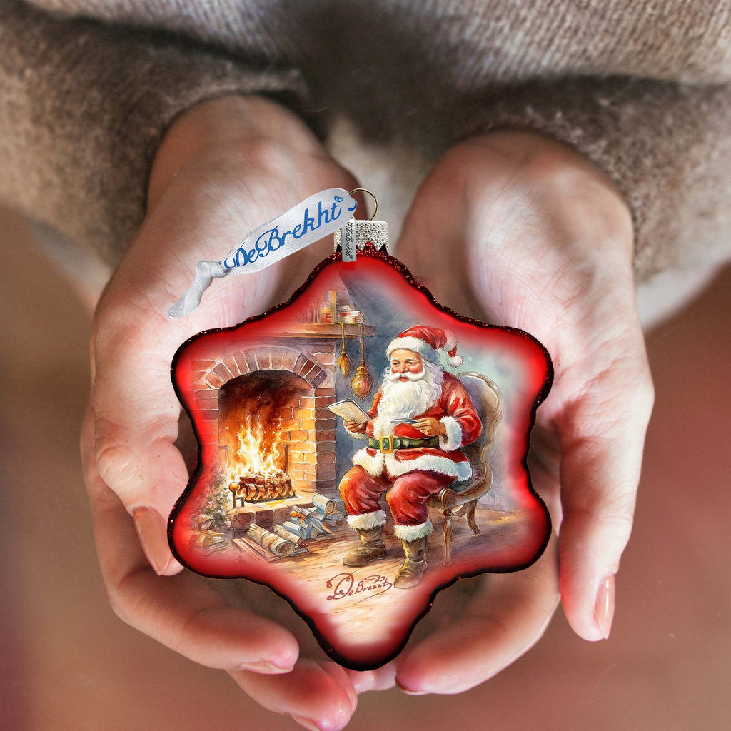 Santa at the Fireplace Snowflake Glass Ornament by G. Debrekht - Christmas Santa Snowman Decor - 754-047