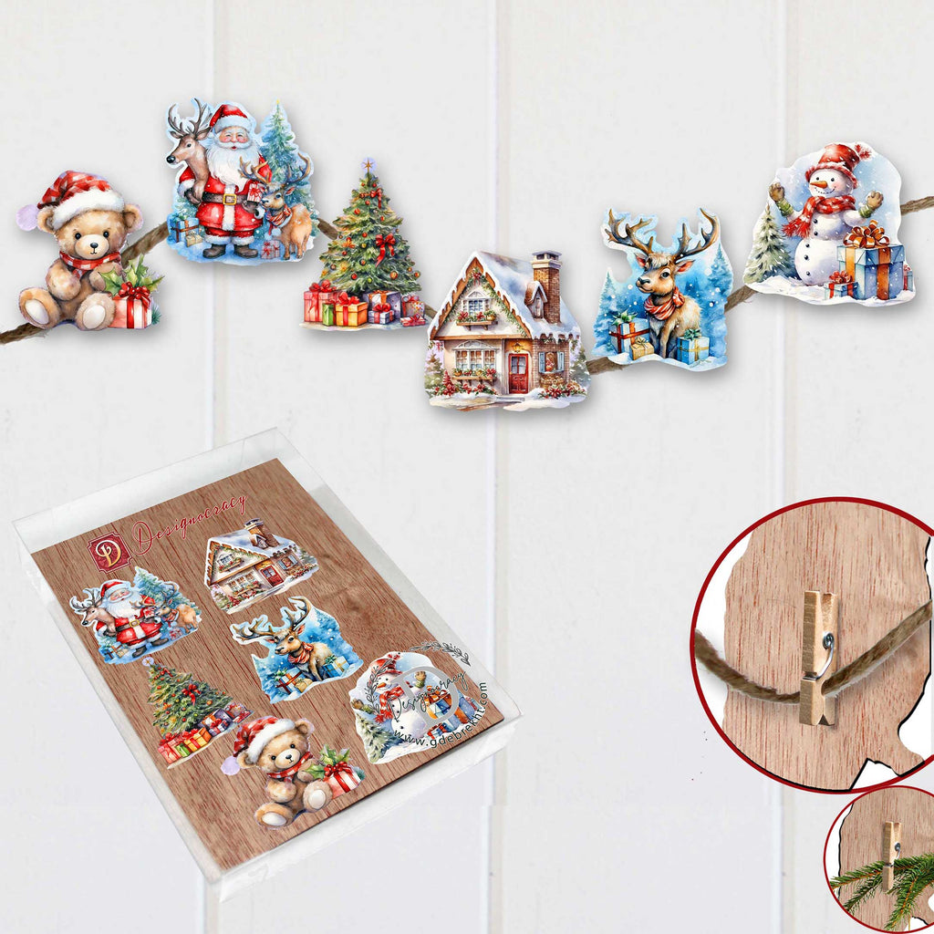 Christmas Is Here Clip-On Eco Wood Decorative Ornaments Set of 6 by G. Debrekht - Christmas Decor - 8090028C-S6