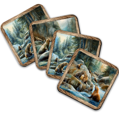 A collage of four images depicting various scenes of marine life, including seals and other sea creatures, in a natural environment.