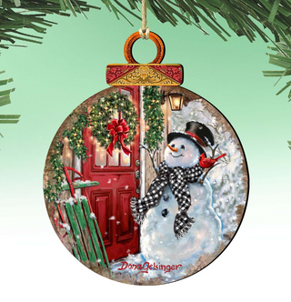 A snowman wearing a top hat and scarf is depicted in front of a red door, with a wreath and Christmas lights adorning the scene.