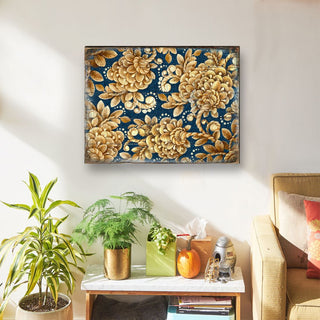 Gold Floral Art on Navy Blue Rustic Wooden Wall Art by G. DeBrekht - Floral Ornamental Decor - 95014B