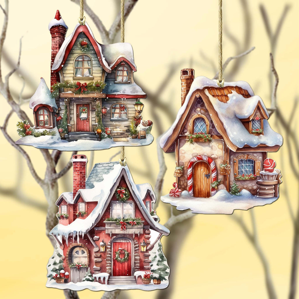 Christmas Houses Decorative Eco Wood Ornaments Set of 3 by G. Debrekht - Christmas Decor - 8091024-S3
