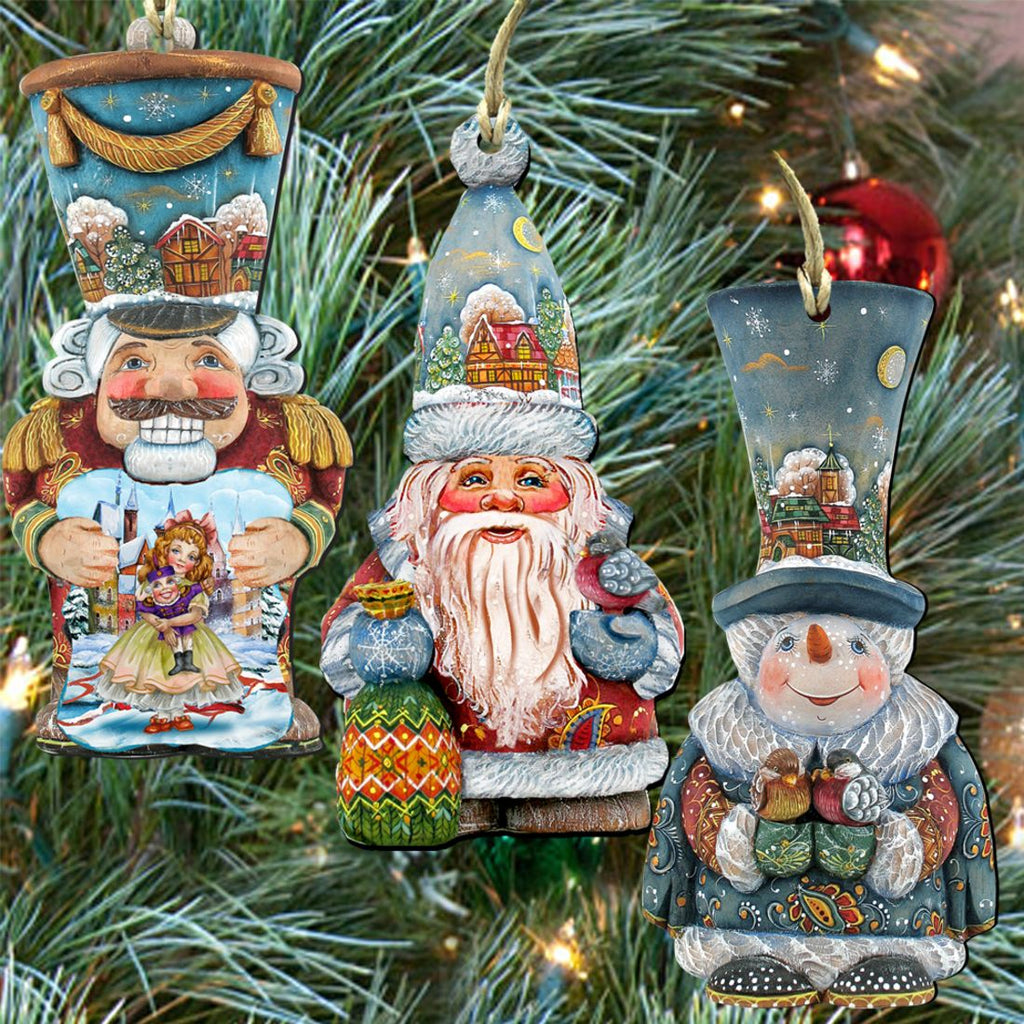 Elegant Holidays Wooden Ornaments Set of 3 by G. DeBrekht - Christmas Santa Snowman Decor - 8100002S3