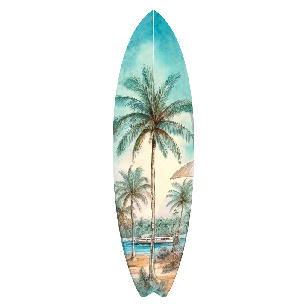 A surfboard with a tropical beach scene painted on it, featuring palm trees, a boat, and a beach.