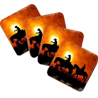 four identical images of a cowboy riding a horse against a sunset background.