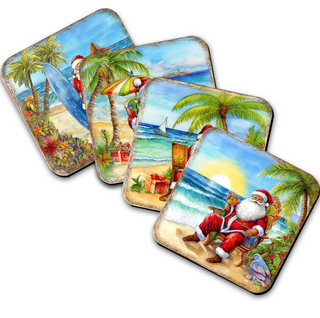 A set of four square coasters featuring various holiday-themed illustrations, including Santa Claus, palm trees, a surfboard, and a beach scene.