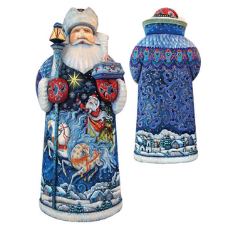 two detailed and colorful figurines of Santa Claus, one standing upright and the other lying down. Both Santa Claus figures are adorned with intricate patterns and designs, including snowflakes, stars, and various holiday-themed elements. The figurines are set against a white background, which highlights their vibrant colors and detailed craftsmanship.