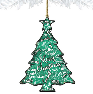 A Christmas tree ornament made of various words, creating a unique and creative design.