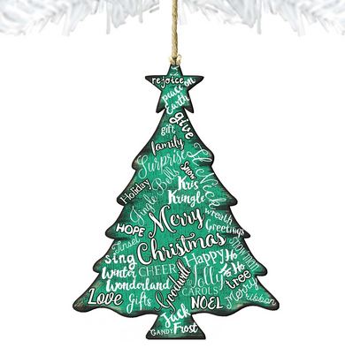 A Christmas tree ornament made of various words, creating a unique and creative design.