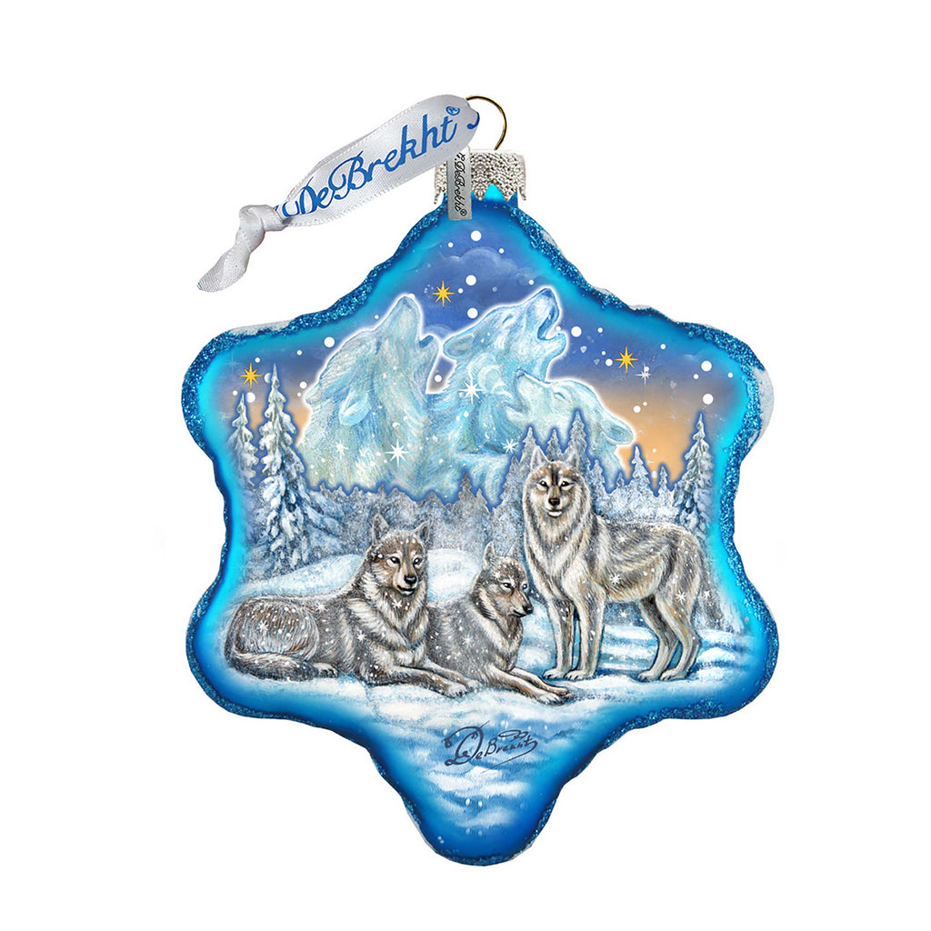 Winter Wolves Snowflake Glass Ornament by G. DeBrekht - Wildlife Holiday Decor - 754-012