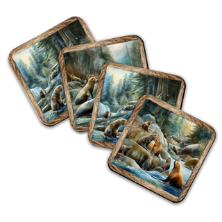 Coastal Sea Lions Wooden Cork Coasters Gift Set of 4 by Nature Wonders Nature Wildlife Decor  - 95386C-S4