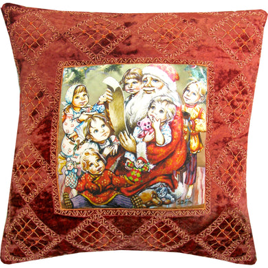 Christmas Night Santa Pillow with Insert - Handmade Tapestry from Velvet and Silk Hand-Embroidered with Gold 15x15 Inches by G. Debrekht - Unique Handcrafted Home Decor