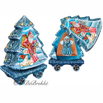 a pair of Christmas tree-shaped ornaments, each with a unique design and color scheme. The ornaments are blue and white, and they appear to be made of wood or ceramic. The ornaments are displayed against a white background, which highlights their intricate details and vibrant colors.