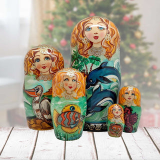 Dolphins 5 Hand-Painted Doll Coastal Matreshka Nesting Hand-Painted Dolls Set of 5 by G. DeBrekht - Coastal Holiday Decor - 1300813