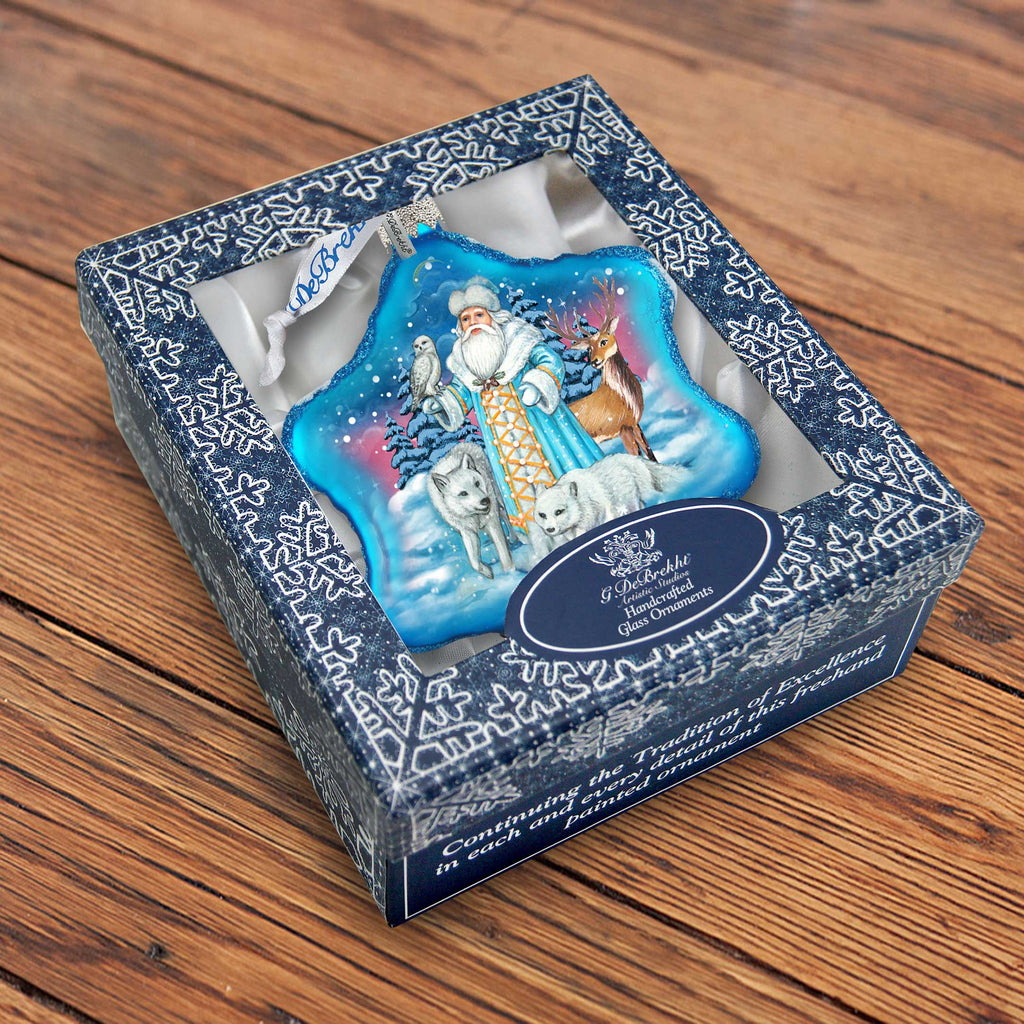 Santa Arctic Story Snowflake Glass Ornament by G. DeBrekht - Christmas Santa Snowman Decor - 754-011B