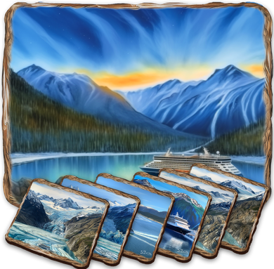 A collage of six landscape photographs depicting various mountain scenes, with a cruise ship in the background.