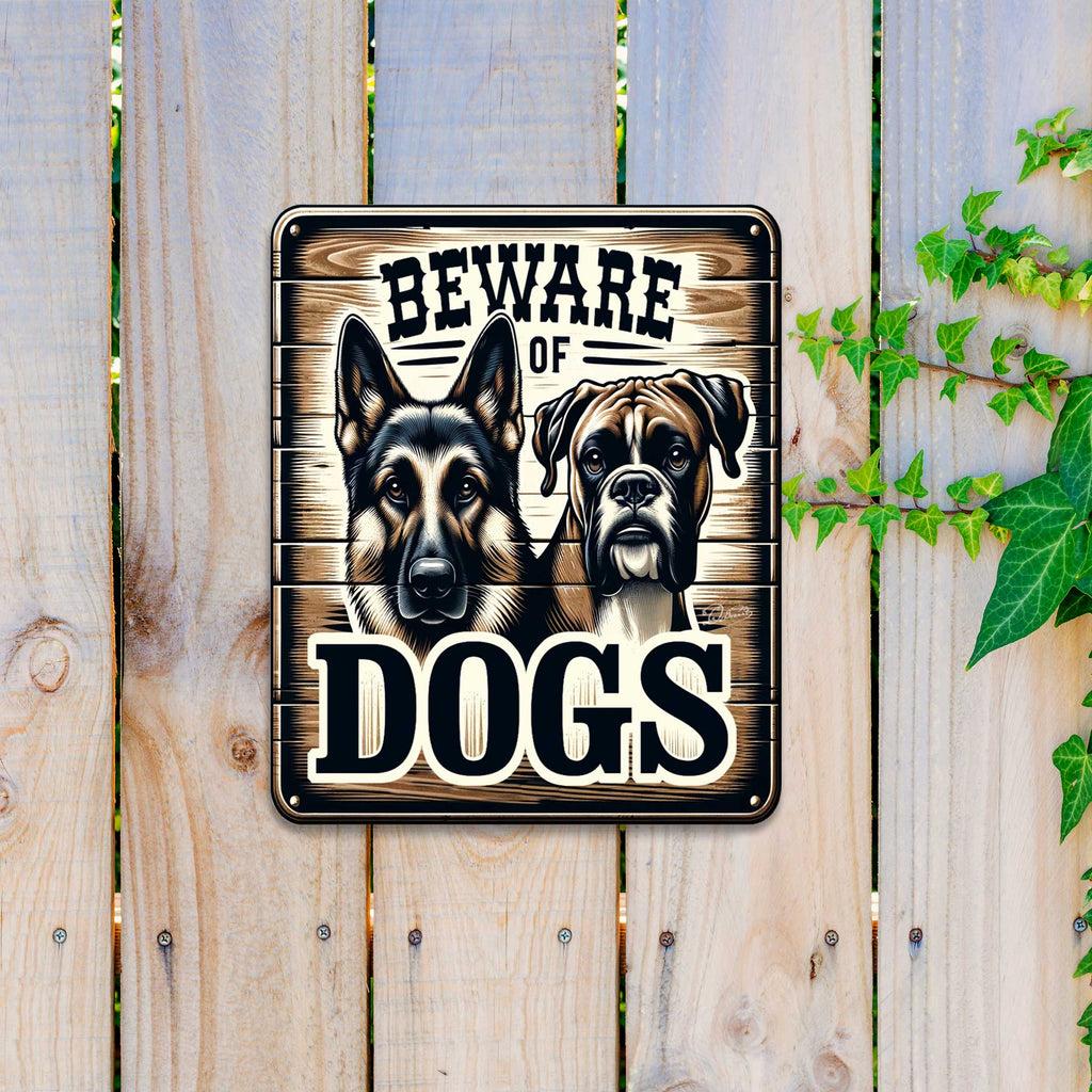 a sign with a warning about dogs, placed on a wooden fence.