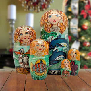 Dolphins 5 Hand-Painted Doll Coastal Matreshka Nesting Hand-Painted Dolls Set of 5 by G. DeBrekht - Coastal Holiday Decor - 1300813
