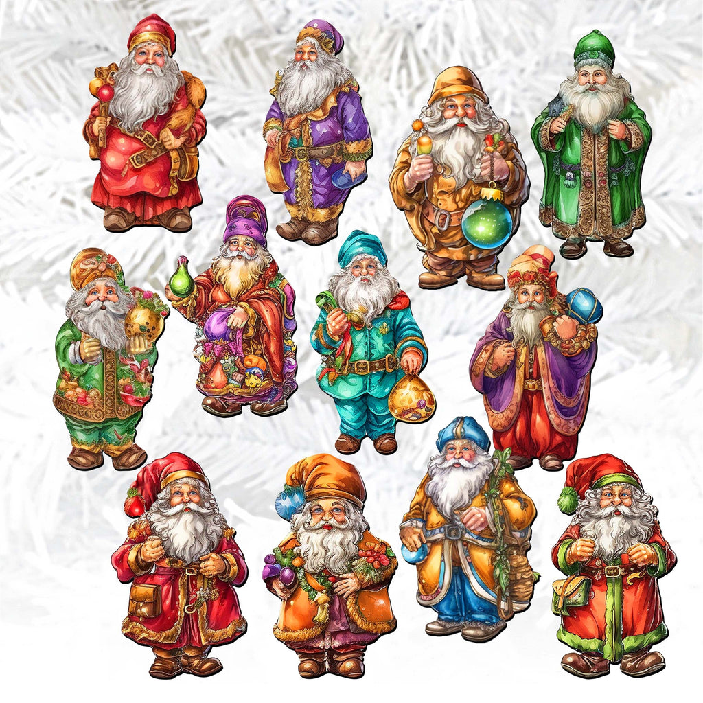 Colorful Santa Clip-On Eco Wood Decorative Ornaments Set of 12 by G. Debrekht - Christmas Decor - 8090050C-S12