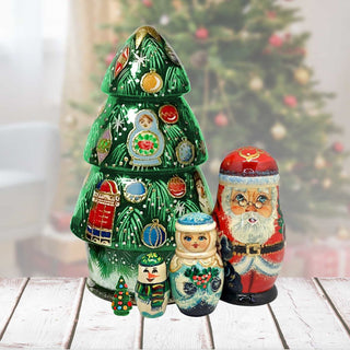 Santa Family Christmas Matreshka Nesting Hand-Painted Doll Set of 5 by G. DeBrekht - Christmas Santa Snowman Decor - 110175