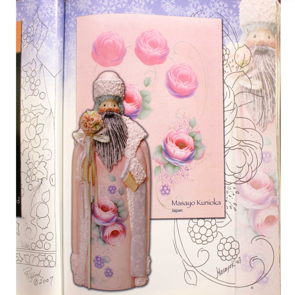 The image is a collage featuring a pink-themed figure with a beard and flowers, as well as a pink background with floral designs.
