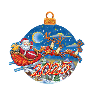 Santa Claus riding a sleigh pulled by reindeer against a night sky with a crescent moon and stars.