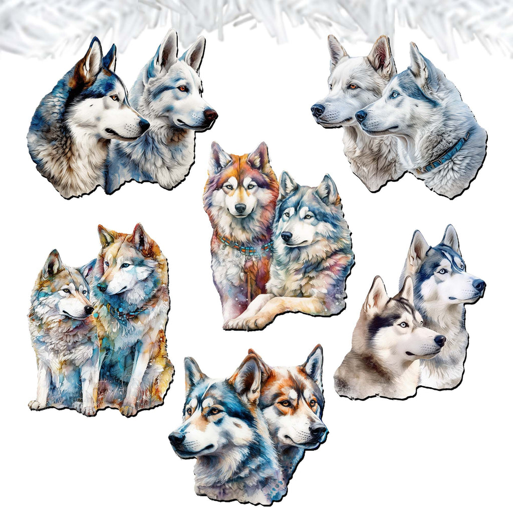 The Graceful Huskies Clip-On Eco Wood Decorative Ornaments Set of 6 by G. Debrekht - Wildlife Décor - 8090115C-S6