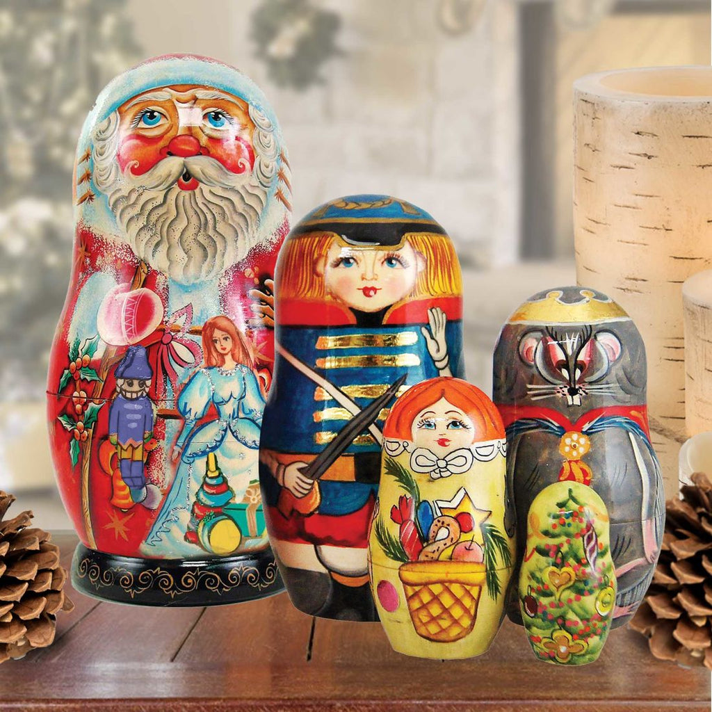 Story of Nutcracker Santa Matreshka Nesting Hand Painted Doll Set of 5 by G. DeBrekht