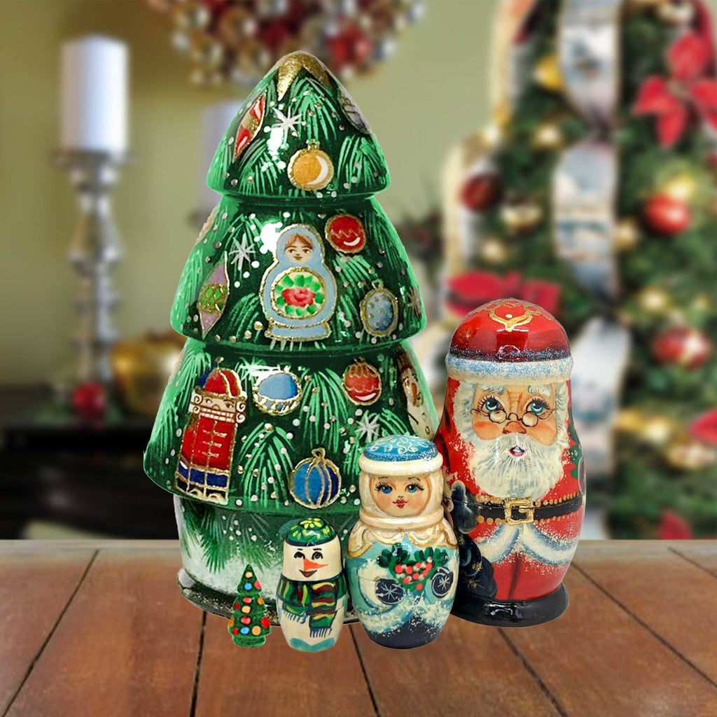 G.DeBrekht Santa Family Christmas Matreshka Holiday Nesting Hand Painted Doll Set of 5 Multi Color