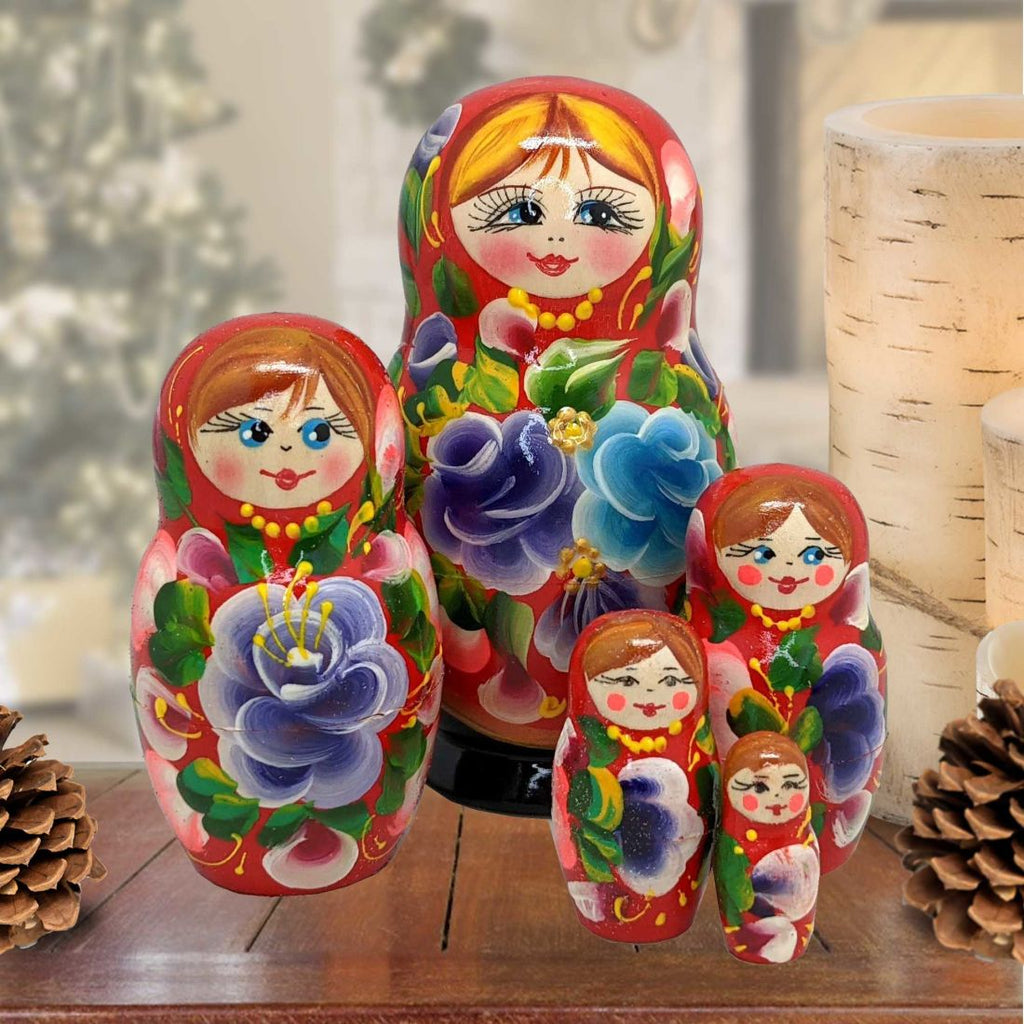 Flowers matreshka nesting sold doll traditional wood russian souvenir hand made and hand curved holiday birthday gift birch linden collectible