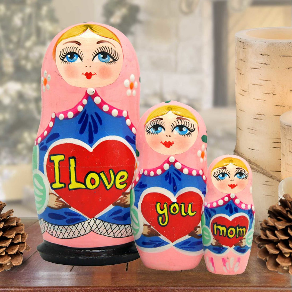 I Love You Mom Matreshka Nesting Hand-Painted Doll Set of 3 by G. DeBrekht