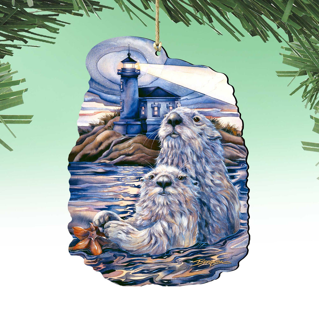 Starlight Otter Lighthouse Wooden Ornaments by J. Bergsma