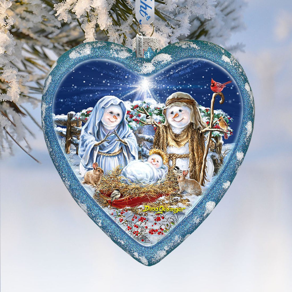 Snow Family Nativity Heart Glass Ornament Limited Edition by D